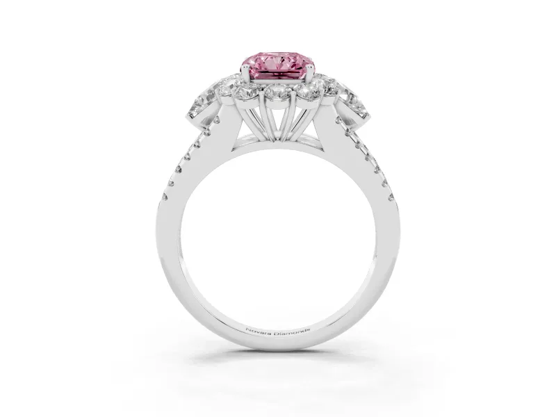 Fancy Pink Radiant Cut Diamond Halo Split Shank Engagement Ring Set in Platinum with Prong-Held Center Stone