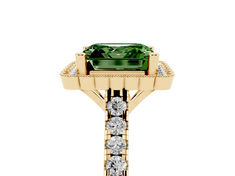 Fancy Green Asscher Cut Diamond Milgrain Floral Halo Engagement Ring Set in Yellow gold with Pavé Band