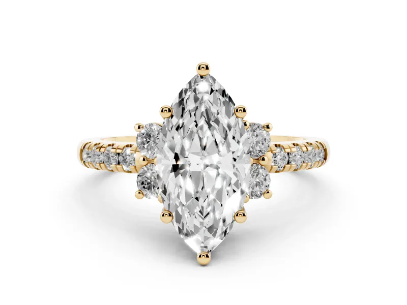 Marquise Cut Diamond Three-Stone Pavé Ring Set in Yellow gold with Prong Setting