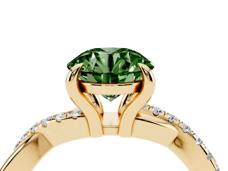 Fancy Green Round Cut Diamond Twist Band Solitaire Set in Yellow gold with Pavé Accents and Prong Setting
