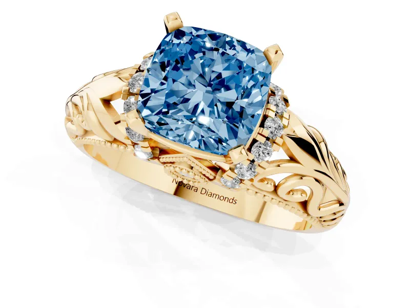 Fancy Blue Cushion Cut Diamond Filigree Halo Engagement Ring Set in Yellow gold with Prong Setting