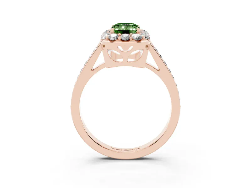 Fancy Green Emerald Cut Diamond Floral Halo Ring Set in Rose gold with Pavé Band and Prong Setting