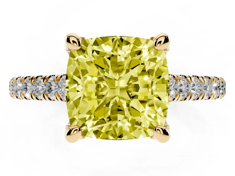 Cushion Cut Hidden Halo Pave Engagement Ring Setting for a Fancy Yellow Lab-Grown Diamond | Claw Prongs | Yellow Gold