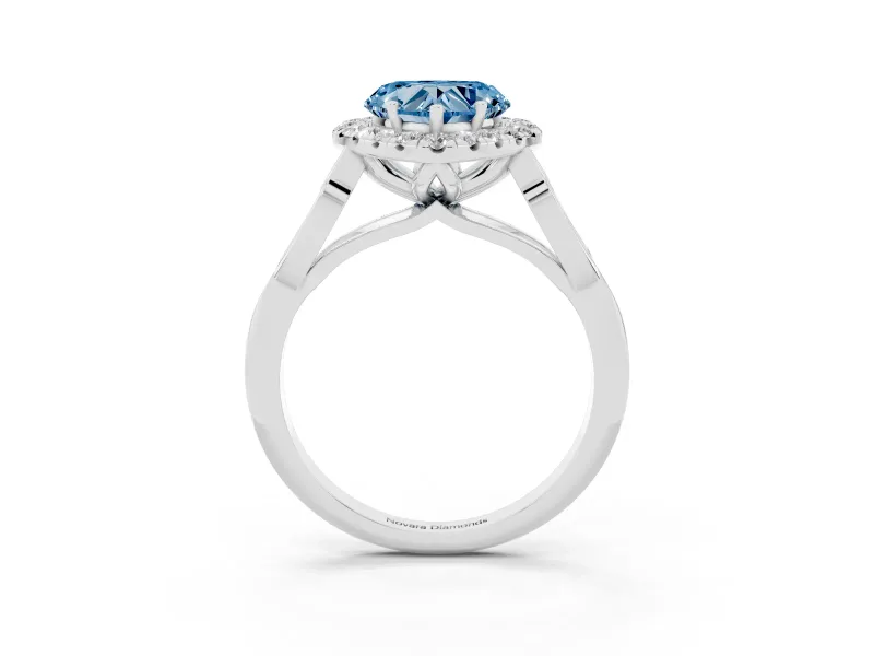 Fancy Blue Heart Cut Diamond Halo Engagement Ring Set in White gold with Filigree Band and Prong-Set Center