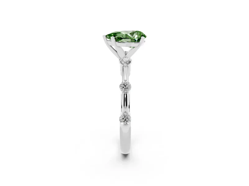 Fancy Green Pear Cut Diamond Solitaire Ring Set in White gold with Bezel Set Side Stones and Prong Setting