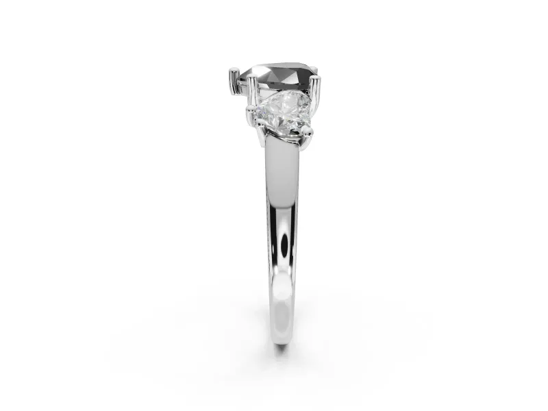 Heart-Shaped Three Stone Engagement Ring Setting for a Black Center | Tapered Band | White Gold