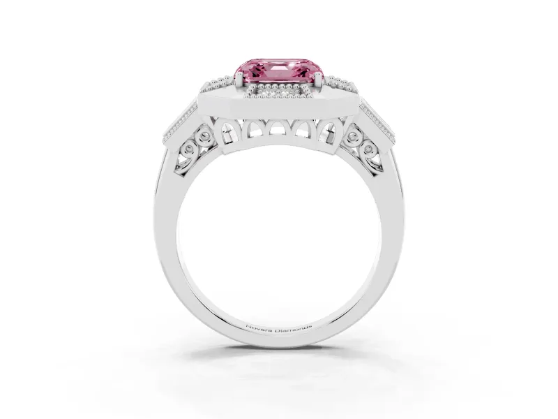 Fancy Pink Asscher Cut Diamond Milgrain Halo Ring Set in Platinum with Split Shank