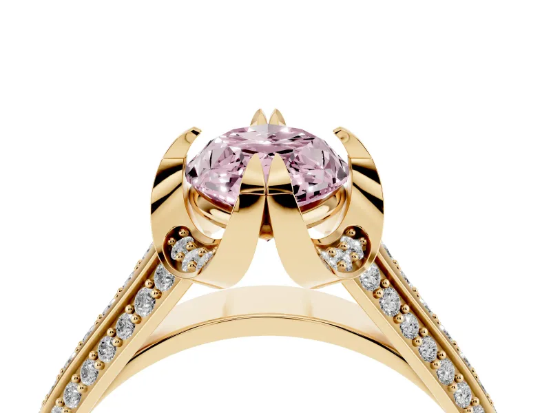 Fancy Pink Marquise Cut Diamond Pavé Split Shank Solitaire Ring Set in Yellow gold with Prong Setting