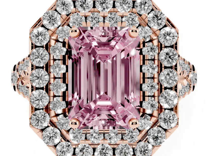 Emerald Cut Halo Split Shank Engagement Ring Setting for a Fancy Pink Lab-Grown Diamond | Pavé Strands | Rose Gold