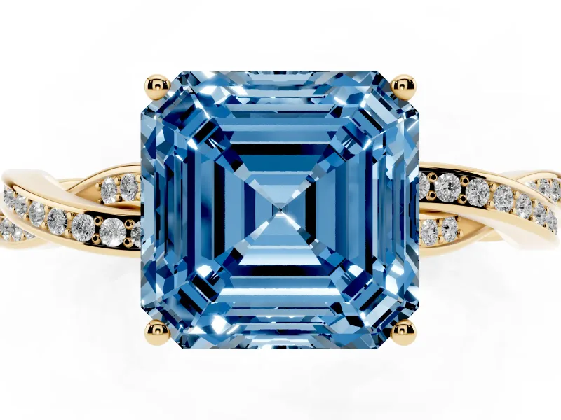 Asscher Cut Twisted Pavé Solitaire Engagement Ring Setting for a Fancy Blue Lab-Grown Diamond | Yellow Gold