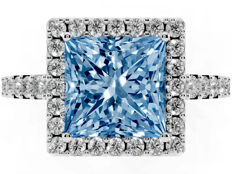 Princess Cut Halo Engagement Ring Setting for a Fancy Blue Lab-Grown Diamond | Single Row Pavé Band | Sterling Silver