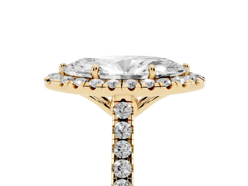 Marquise Raised Halo Engagement Ring Setting | Pave Band | Yellow Gold