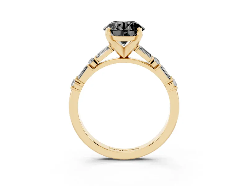 Round Baguette Side Stone Engagement Ring Setting for a Black Center | Yellow Gold