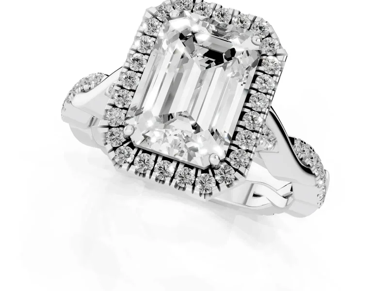 Emerald Cut Halo Engagement Ring Setting | Pavé Twist Band | Sterling Silver