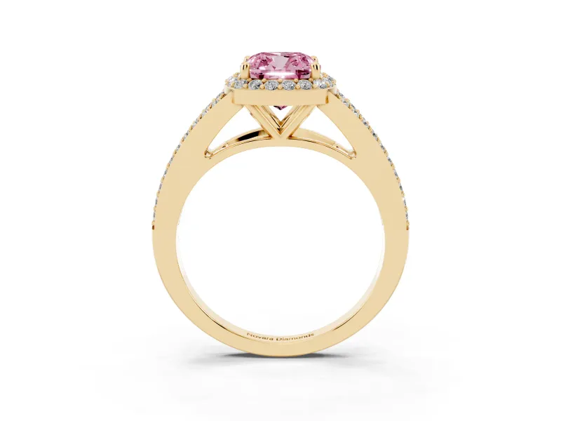 Cushion Cut Halo Engagement Ring Setting for a Fancy Pink Lab-Grown Diamond | V-Split Pavé Band | Yellow Gold