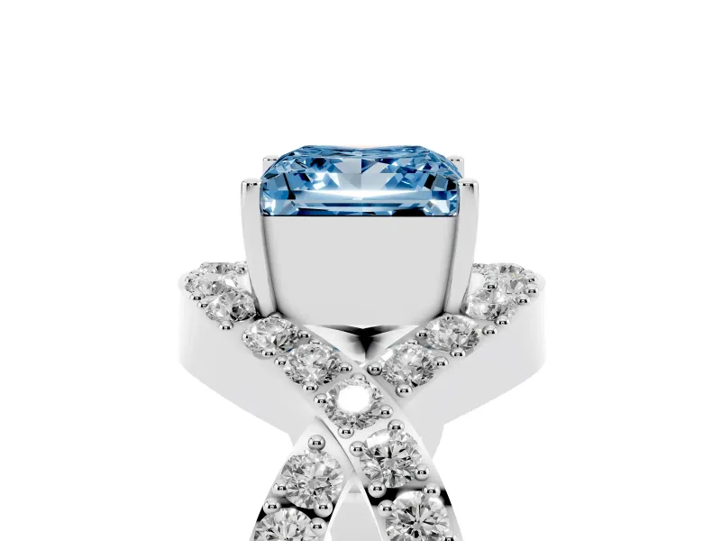 Fancy Blue Princess Cut Diamond Solitaire Twist Band Pavé Engagement Ring Set in Silver