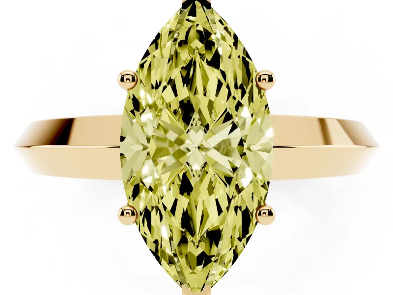 Fancy Yellow Marquise Cut Diamond Solitaire Engagement Ring Set in Yellow gold with Flat Band and Prong Setting