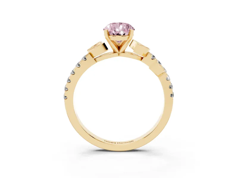 Fancy Pink Pear Cut Diamond Solitaire Leaf-Inspired Ring Set in Yellow gold with Pavé Band and Prong Setting