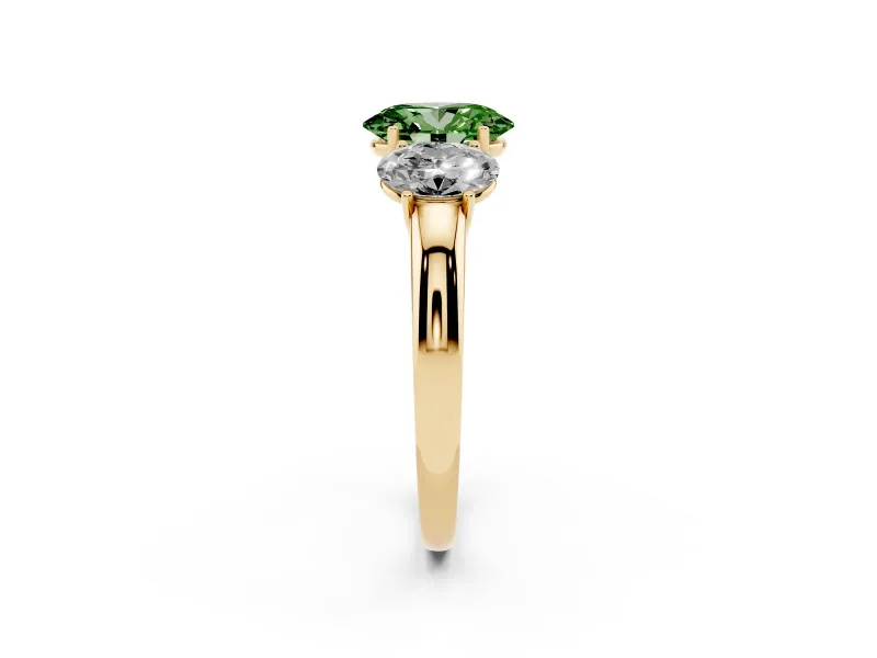 Oval Three Stone Engagement Ring Setting for a Fancy Green Lab-Grown Diamond | Matching Side Stones | Yellow Gold