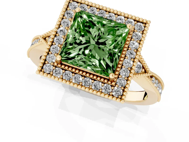 Fancy Green Princess Cut Diamond Halo Engagement Ring Set in Yellow gold with Milgrain Pavé Band