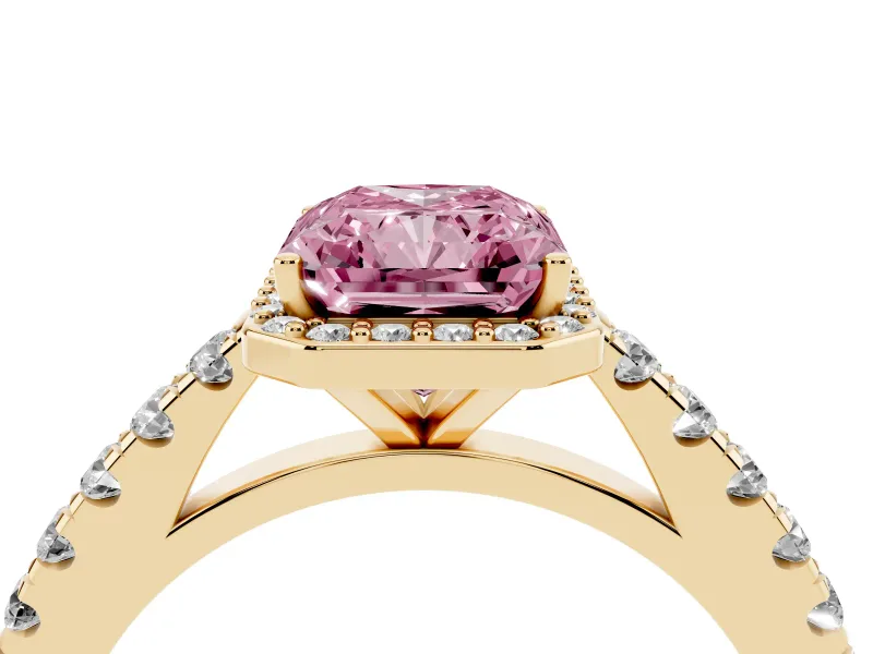 Fancy Pink Radiant Cut Diamond Halo Engagement Ring Set in Yellow gold with Pavé Band and Prong Setting