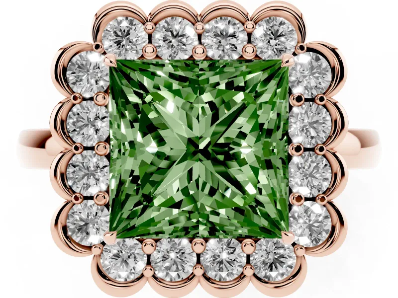 Princess Cut Scalloped Cluster Halo Engagement Ring Setting for a Fancy Green Lab-Grown Diamond | Plain Band | Rose Gold
