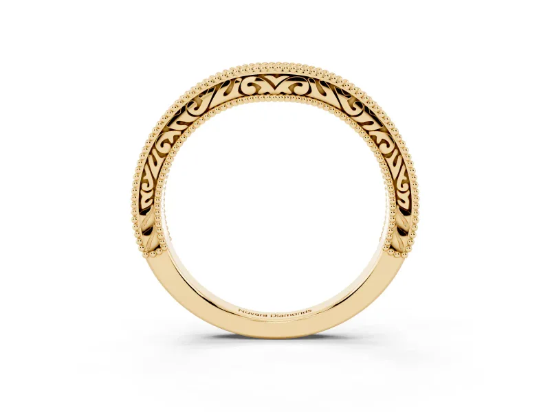 Round Lab-Grown Diamond Pavé Chevron Milgrain Wedding Band | Scrollwork Sides | Yellow Gold
