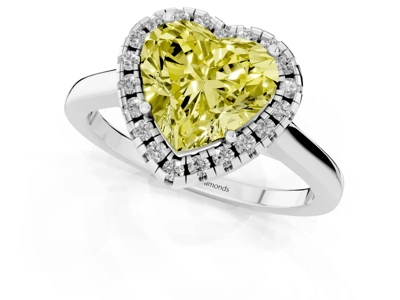 Fancy Yellow Heart Cut Halo Round Diamond Solitaire Ring Set in White gold with Pavé Band and Prong Setting
