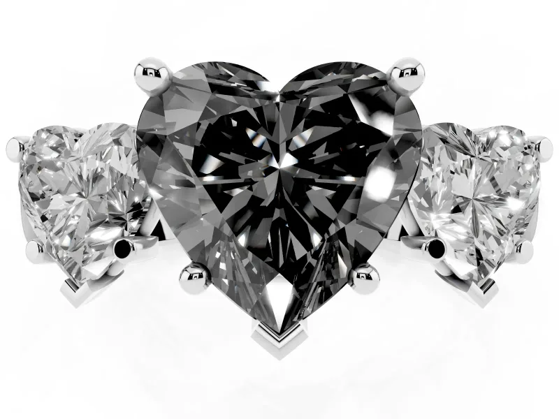 Heart-Shaped Three Stone Engagement Ring Setting for a Black Center | Plain Squared Band | Platinum