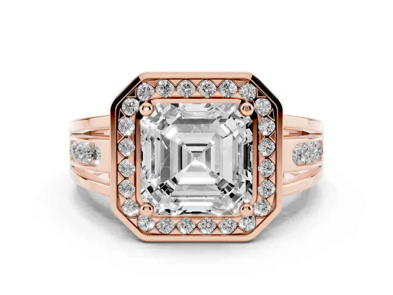 Asscher Cut Diamond Halo Ring Set in Rose gold with Pavé and Bezel Accent Split Shank