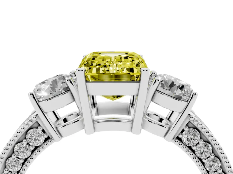Fancy Yellow Emerald Cut Diamond Three-Stone Ring Set in Silver with Round Side Stones and Pavé Band