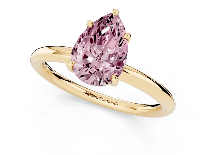 Fancy Pink Pear Cut Diamond Solitaire Ring Set in Yellow gold with Thin Band and Prong Setting