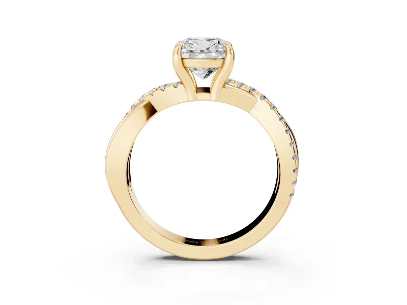 Cushion Cut Diamond Twist Band Solitaire Set in Yellow gold with Pavé Accents and Prong Setting