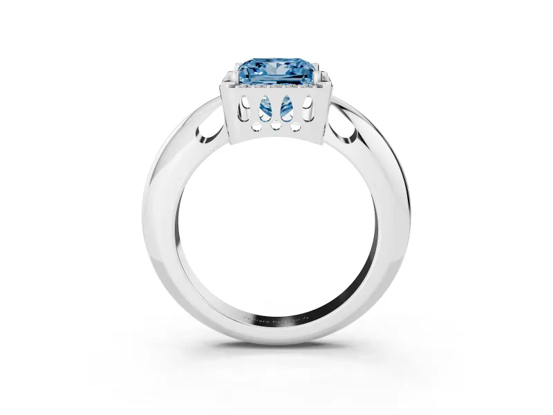 Fancy Blue Princess Cut Diamond Halo Engagement Ring Set in Platinum with Plain Split Shank and Prong Setting