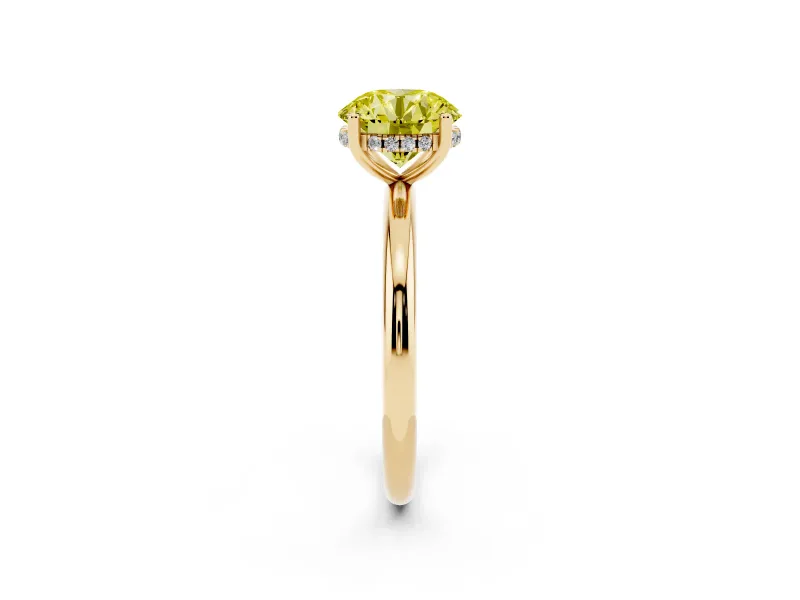 Fancy Yellow Round Cut Diamond Solitaire Engagement Ring Set in Yellow gold with Prong Setting and Polished Band