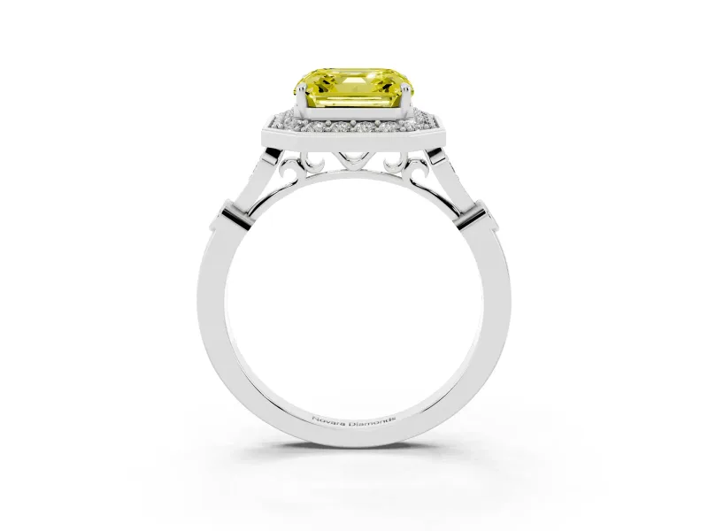Asscher Cut Halo Engagement Ring Setting for a Fancy Yellow Lab-Grown Diamond | Bezel Station Shoulders | White Gold