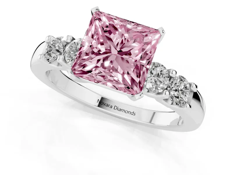 Fancy Pink Princess Cut Diamond Five-Stone Prong Set Engagement Ring Set in Silver with Channel Band