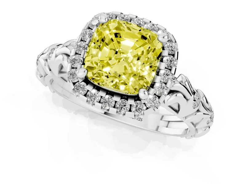 Cushion Cut Leaf Halo Engagement Ring Setting for a Fancy Yellow Lab-Grown Diamond | Bezel Accents | Platinum