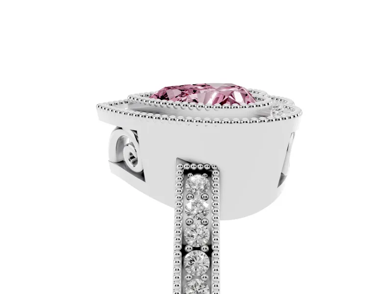 Fancy Pink Heart Cut Diamond Halo Ring Set in Platinum with Pavé Band and Milgrain-Edged Prongs