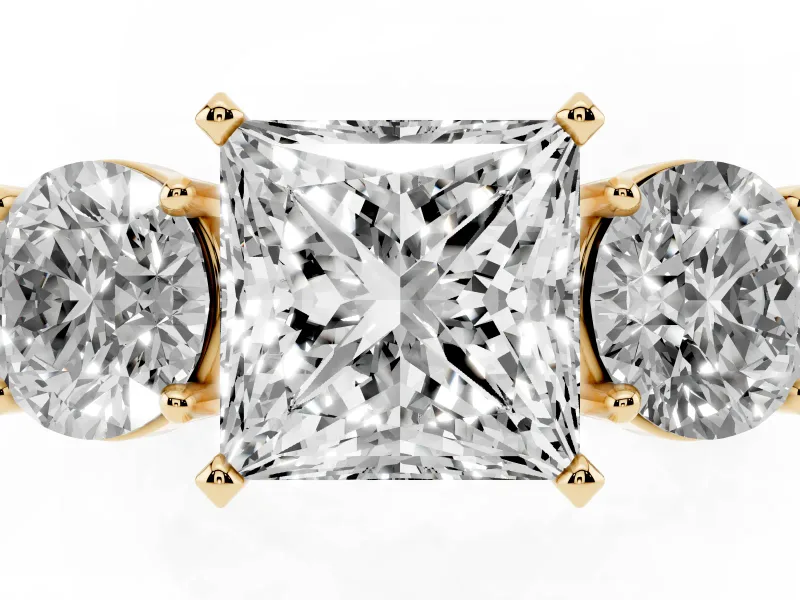 Princess Cut Three Stone Engagement Ring Setting | Wide Plain Band | Yellow Gold