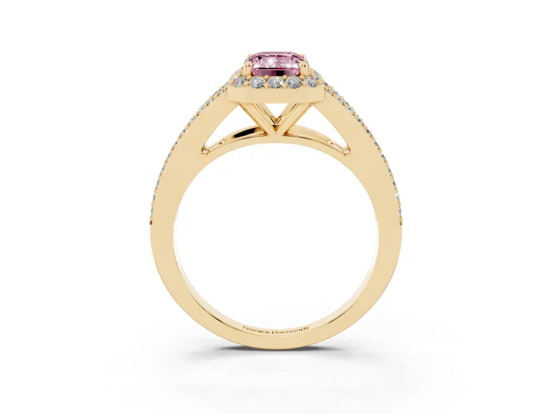 Emerald Cut Halo Engagement Ring Setting for a Fancy Pink Lab-Grown Diamond | V-Split Pavé Band | Yellow Gold
