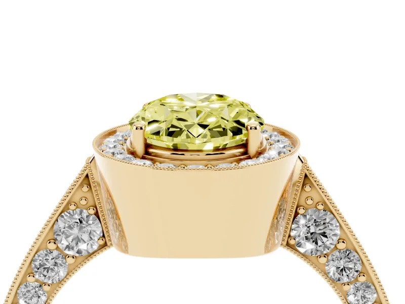 Oval Milgrain Halo Engagement Ring Setting for a Fancy Yellow Lab-Grown Diamond | Side Stones | Yellow Gold