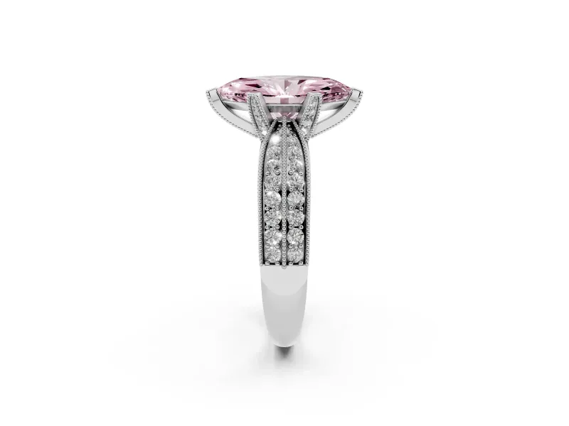 Fancy Pink Marquise Cut Diamond Solitaire Ring Set in White gold with Milgrain Double Row Round Pavé Band