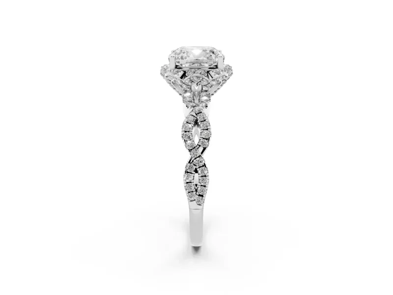 Cushion Cut Diamond Halo Twist Band Solitaire Ring Set in White gold with Prong-Set Center Stone