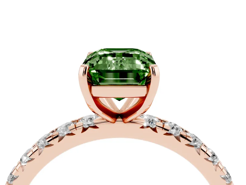 Fancy Green Emerald Cut Diamond Pavé Solitaire Ring Set in Rose gold with Round Band and Prong Setting