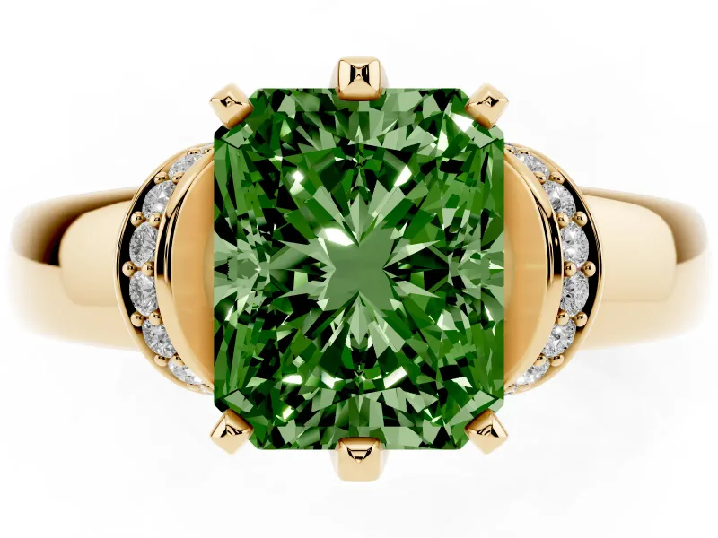 Radiant Cut Pavé Collar Engagement Ring Setting for a Fancy Green Lab-Grown Diamond | Yellow Gold