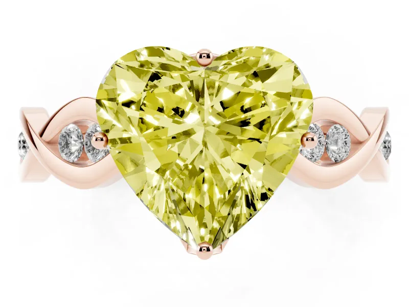 Fancy Yellow Heart Cut Diamond Twist Band Solitaire Ring Set in Rose gold with Leaf Prong Setting and Accent Stones