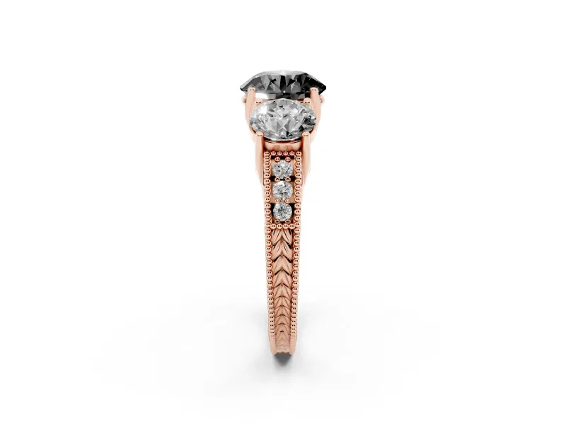 Round Vintage Three Stone Engagement Ring Setting for a Black Center | Rose Gold