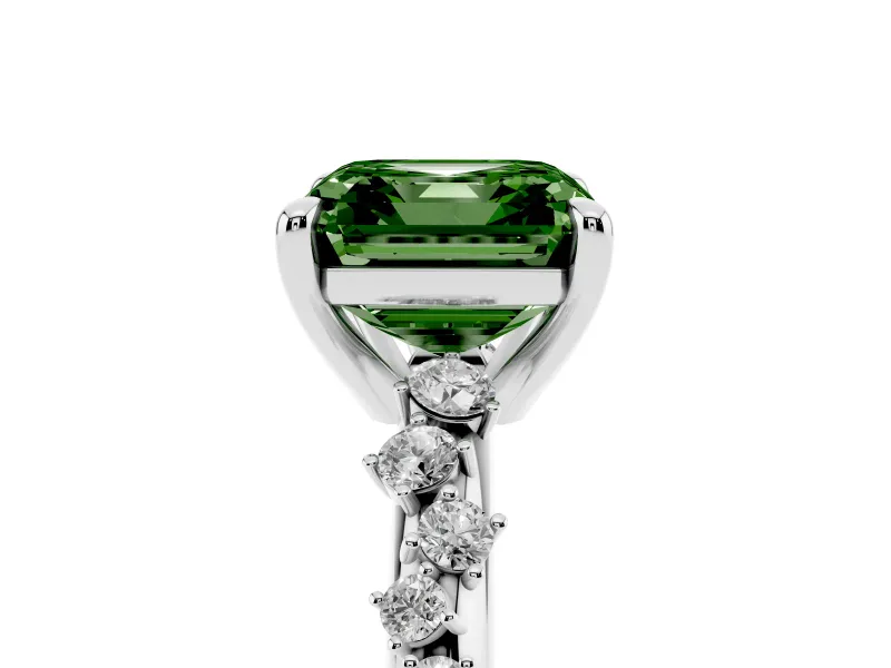 Fancy Green Asscher Cut Diamond Solitaire Vine Band Ring Set in White gold with Round Accents and Prong Setting