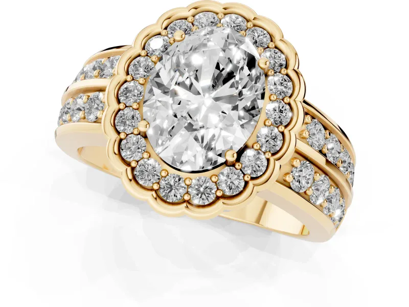 Oval Cut Diamond Scalloped Halo Ring Set in Yellow gold with Pavé Split Shank